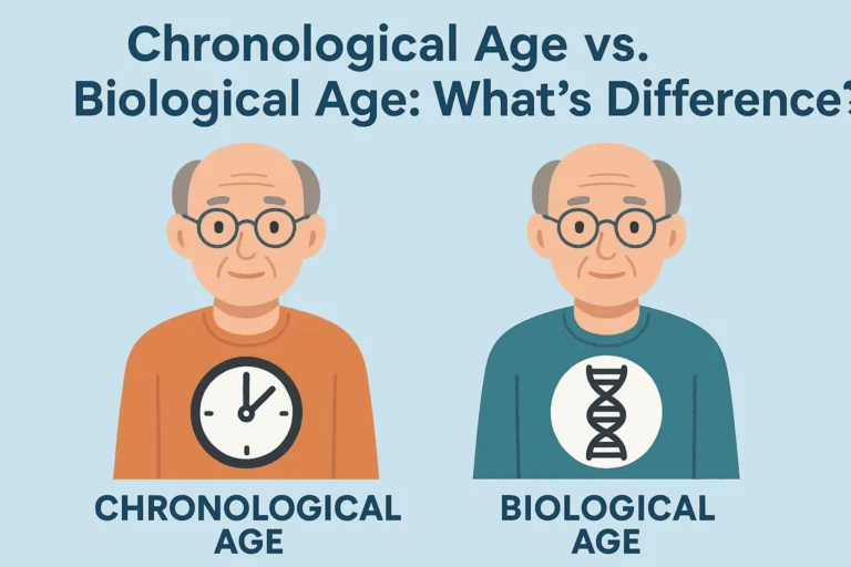 Infographic showing the difference between chronological and biological age with symbolic illustrations